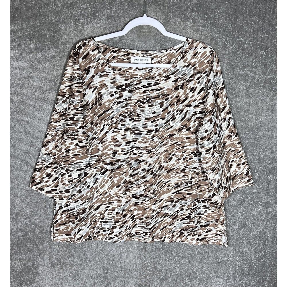 Emily‎ Daniels Textured Boat Neck Top Womens Size XL Brown Camouflage Stretch